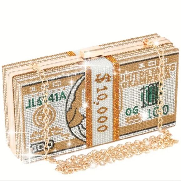 Bedazzled Rhinestone Dollar Bill Clutch Bag - Picture 1 of 2